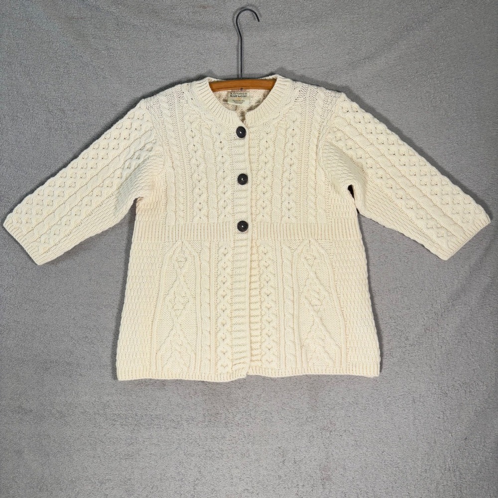 Kilronan Knitwear‎ Cable Knit Cardigan Womens Size M Merino Wool Cream Sweater